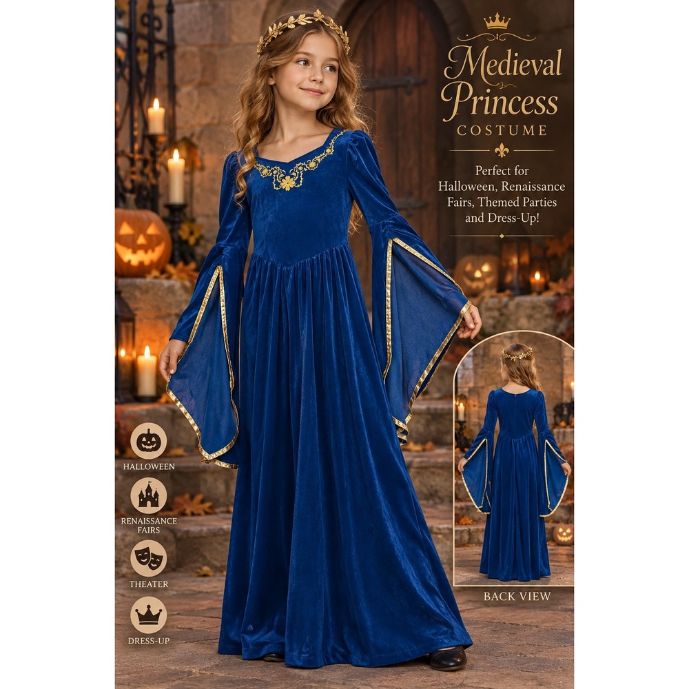 California Costume Dress Child Large Blue Excellent Medieval Bell Sleeve Gold